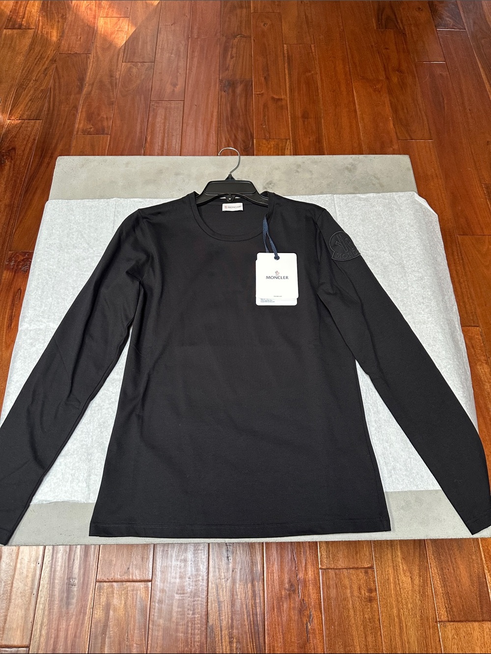 Authentic Moncler Black Long-Sleeve Crewneck Shirt with Sleeve Logo Patch